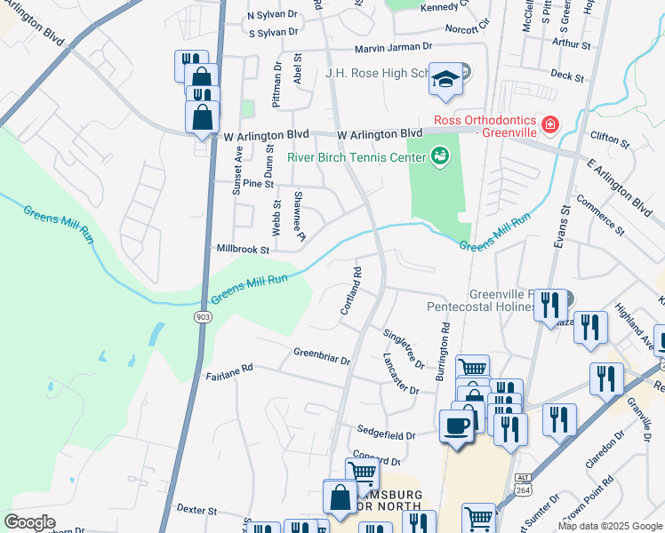 map of restaurants, bars, coffee shops, grocery stores, and more near 202 Freestone Road in Greenville
