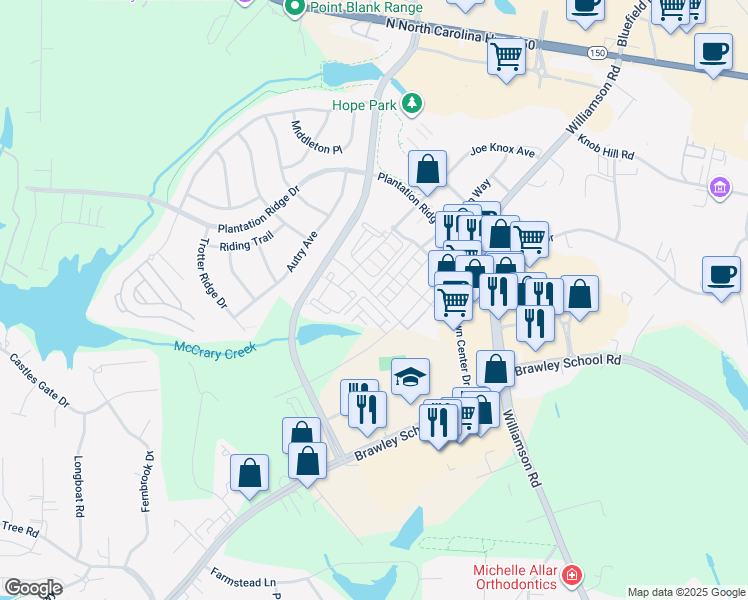 map of restaurants, bars, coffee shops, grocery stores, and more near 107 Certificate Street in Mooresville