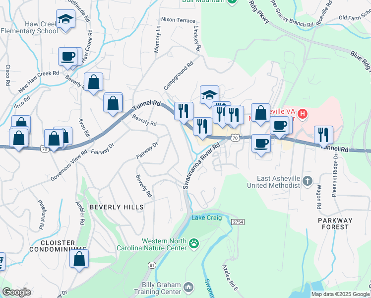 map of restaurants, bars, coffee shops, grocery stores, and more near 12 Marlborough Drive in Asheville