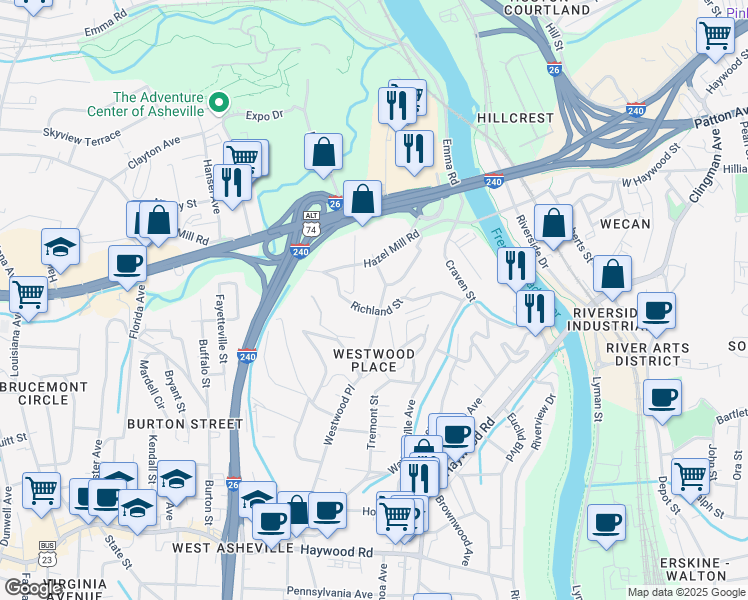map of restaurants, bars, coffee shops, grocery stores, and more near 244 Westwood Place in Asheville