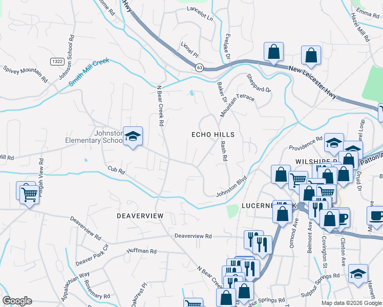map of restaurants, bars, coffee shops, grocery stores, and more near 111 Soulshine Court in Asheville