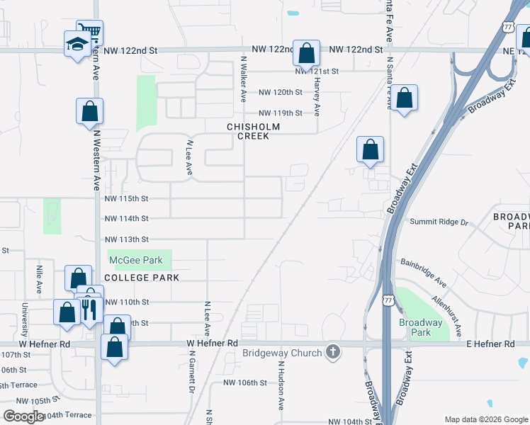 map of restaurants, bars, coffee shops, grocery stores, and more near 412 Northwest 114th Street in Oklahoma City