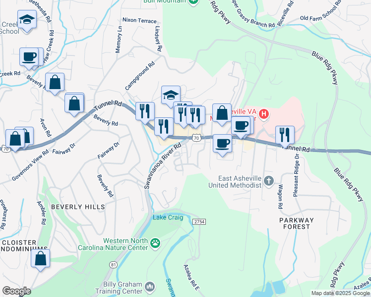 map of restaurants, bars, coffee shops, grocery stores, and more near 23 Cottage Drive in Asheville