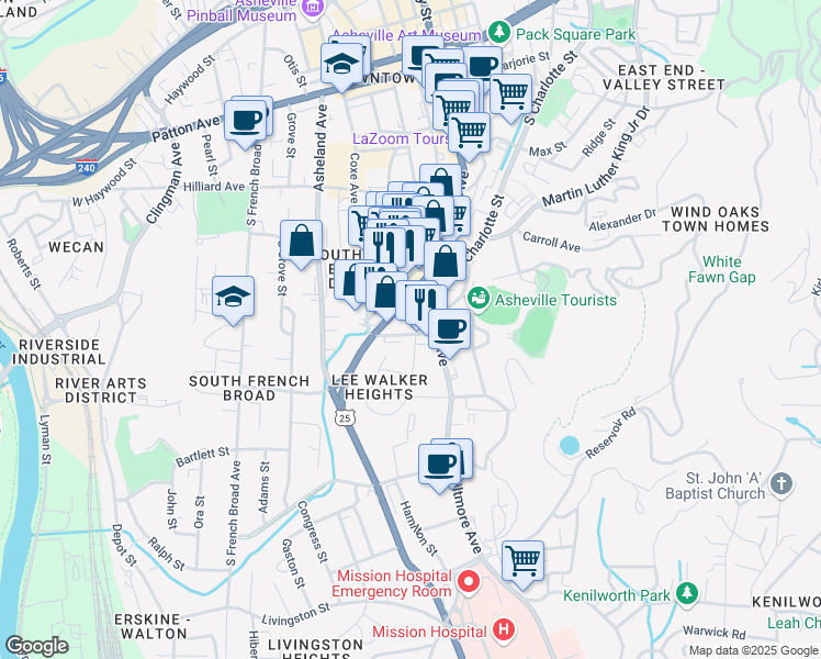 map of restaurants, bars, coffee shops, grocery stores, and more near 253 Biltmore Avenue in Asheville