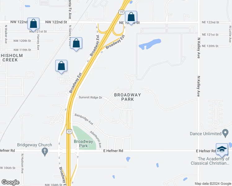 map of restaurants, bars, coffee shops, grocery stores, and more near 402 Vail Circle in Oklahoma City