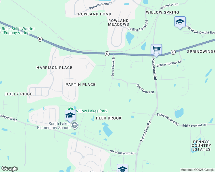 map of restaurants, bars, coffee shops, grocery stores, and more near 7220 Deer Brook Street in Wake County