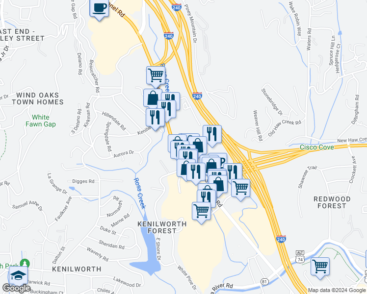 map of restaurants, bars, coffee shops, grocery stores, and more near 200 Tunnel Road in Asheville