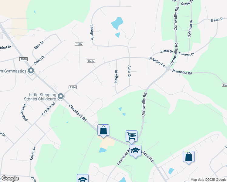 map of restaurants, bars, coffee shops, grocery stores, and more near 332 Indigo Place in Garner