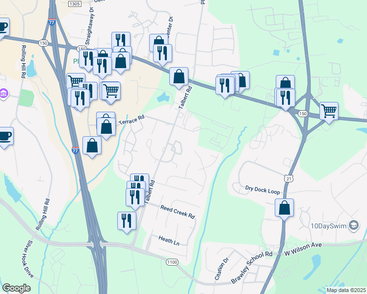map of restaurants, bars, coffee shops, grocery stores, and more near 139 Kallie Loop in Mooresville