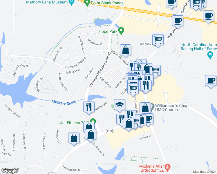 map of restaurants, bars, coffee shops, grocery stores, and more near 125 Capital Avenue in Mooresville