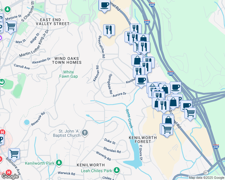 map of restaurants, bars, coffee shops, grocery stores, and more near 121 Aurora Drive in Asheville