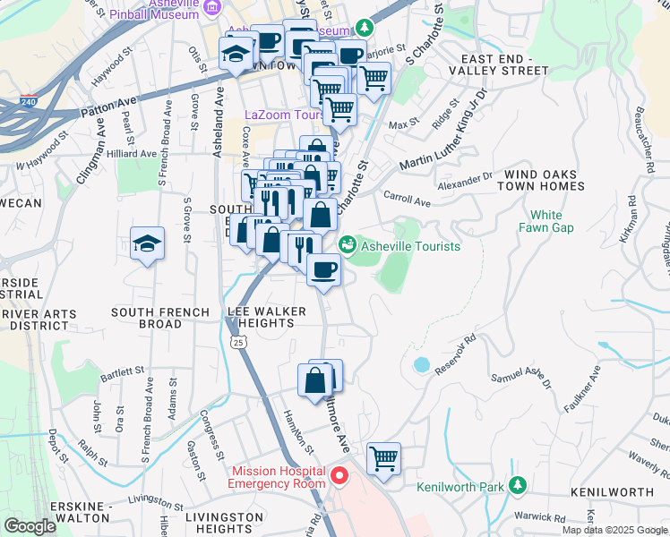 map of restaurants, bars, coffee shops, grocery stores, and more near 67 Buchanan Avenue in Asheville