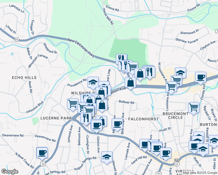 map of restaurants, bars, coffee shops, grocery stores, and more near 12 Mace Avenue in Asheville