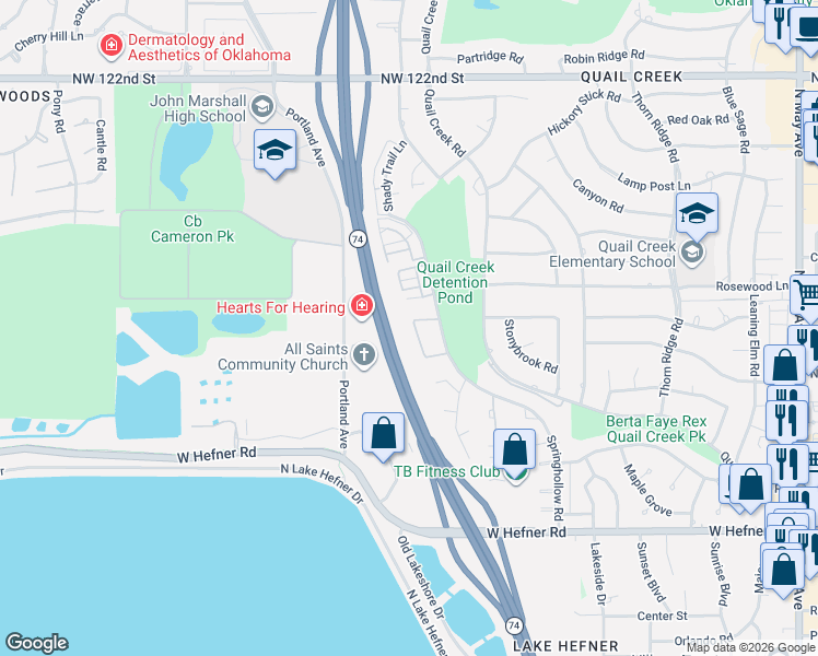 map of restaurants, bars, coffee shops, grocery stores, and more near 11415 Springhollow Road in Oklahoma City