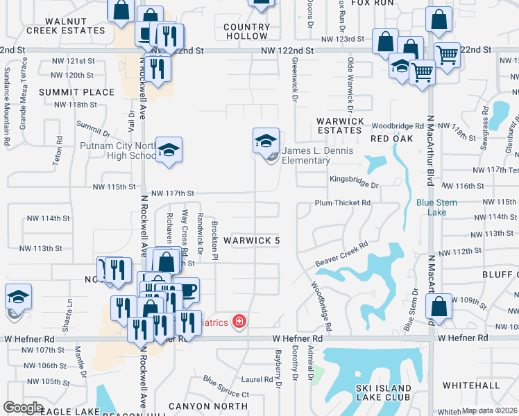 map of restaurants, bars, coffee shops, grocery stores, and more near 6600 Northwest 115th Street in Oklahoma City