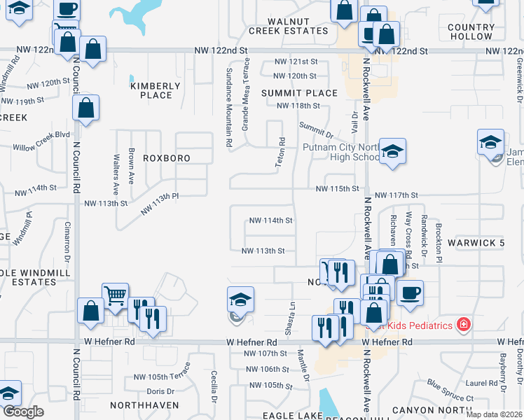 map of restaurants, bars, coffee shops, grocery stores, and more near 7404 Northwest 114th Street in Oklahoma City