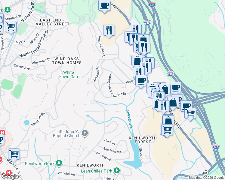 map of restaurants, bars, coffee shops, grocery stores, and more near 121 Aurora Drive in Asheville