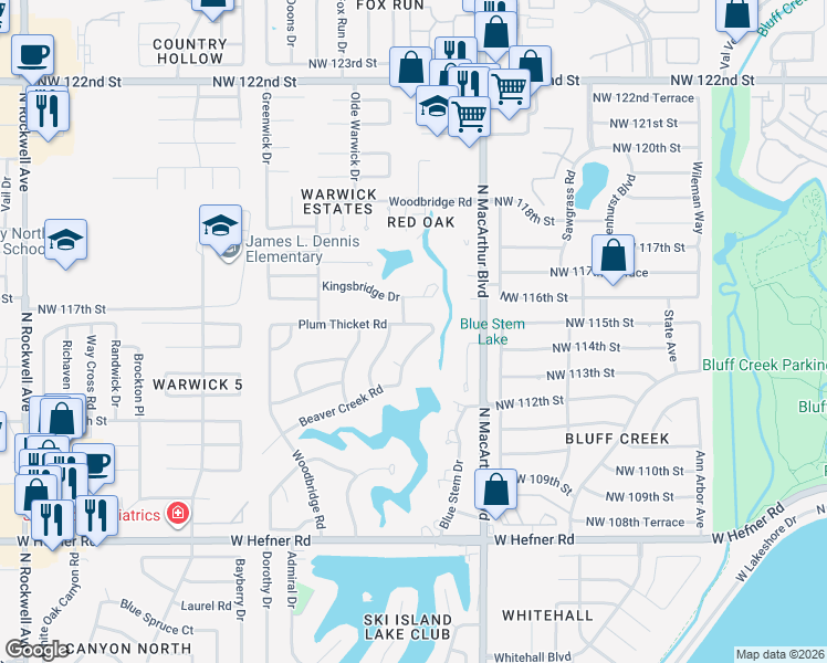 map of restaurants, bars, coffee shops, grocery stores, and more near 11312 Shady Glen Road in Oklahoma City