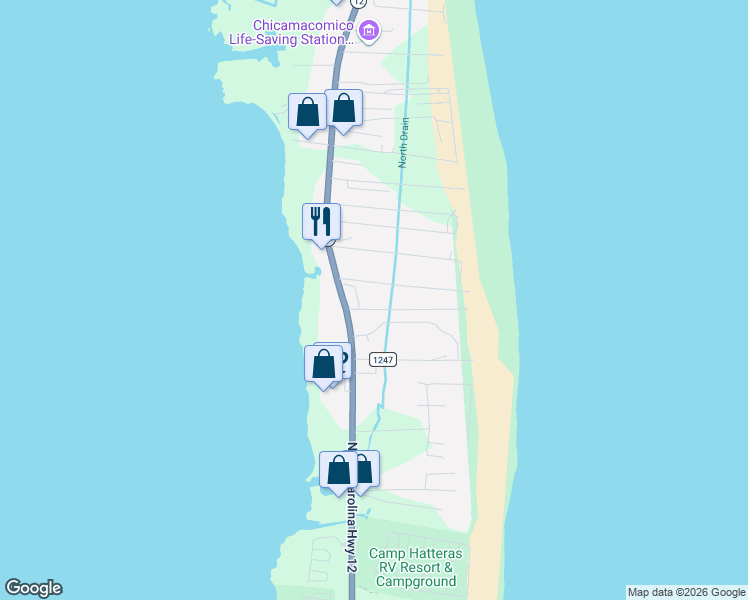 map of restaurants, bars, coffee shops, grocery stores, and more near 24205 Caribbean Way in Dare County