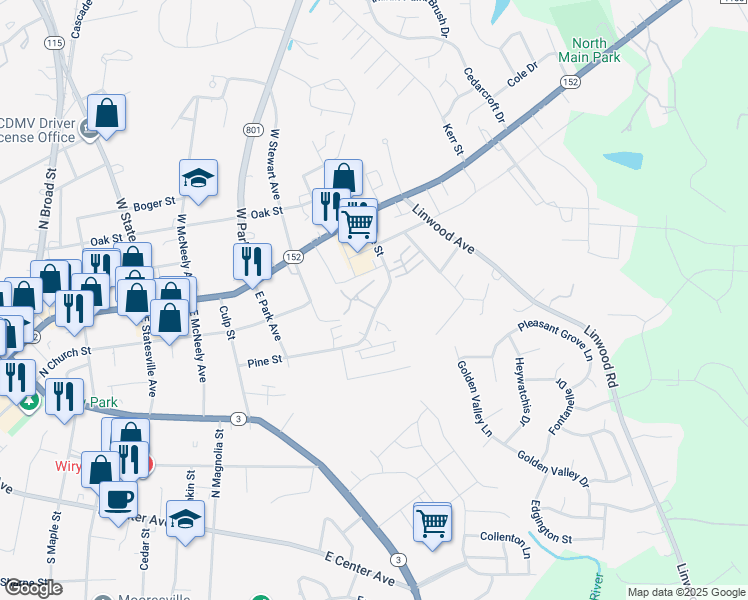 map of restaurants, bars, coffee shops, grocery stores, and more near 1104 Pine Street in Mooresville