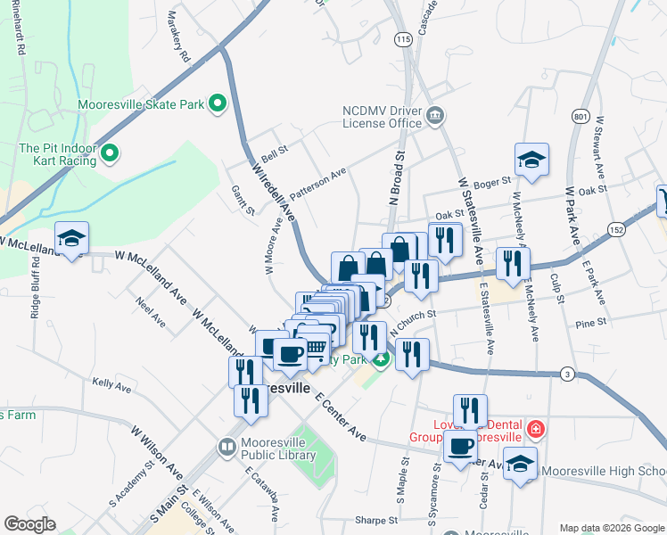map of restaurants, bars, coffee shops, grocery stores, and more near 241 West Iredell Avenue in Mooresville