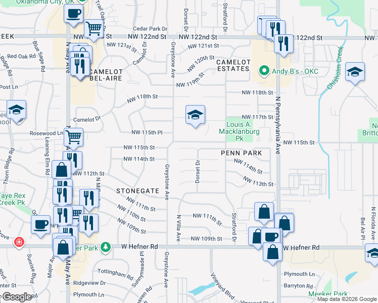 map of restaurants, bars, coffee shops, grocery stores, and more near 2408 Northwest 115th Street in Oklahoma City