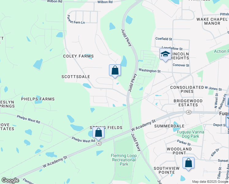 map of restaurants, bars, coffee shops, grocery stores, and more near 229 Coley Farm Road in Fuquay Varina