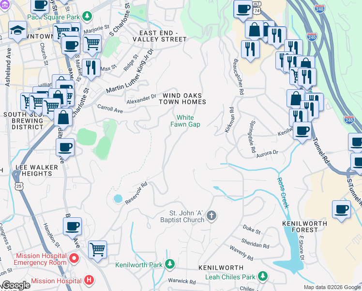 map of restaurants, bars, coffee shops, grocery stores, and more near 494 Windswept Drive in Asheville