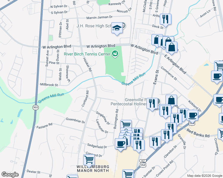 map of restaurants, bars, coffee shops, grocery stores, and more near 405 Winslow Pointe Drive in Greenville