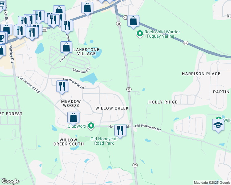 map of restaurants, bars, coffee shops, grocery stores, and more near 252 North Honey Springs Avenue in Fuquay-Varina