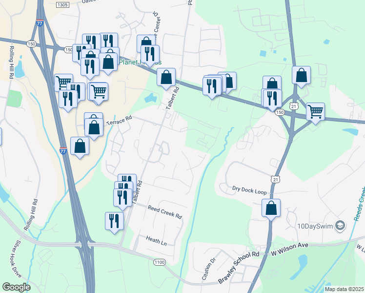 map of restaurants, bars, coffee shops, grocery stores, and more near 176 Easy Street in Mooresville