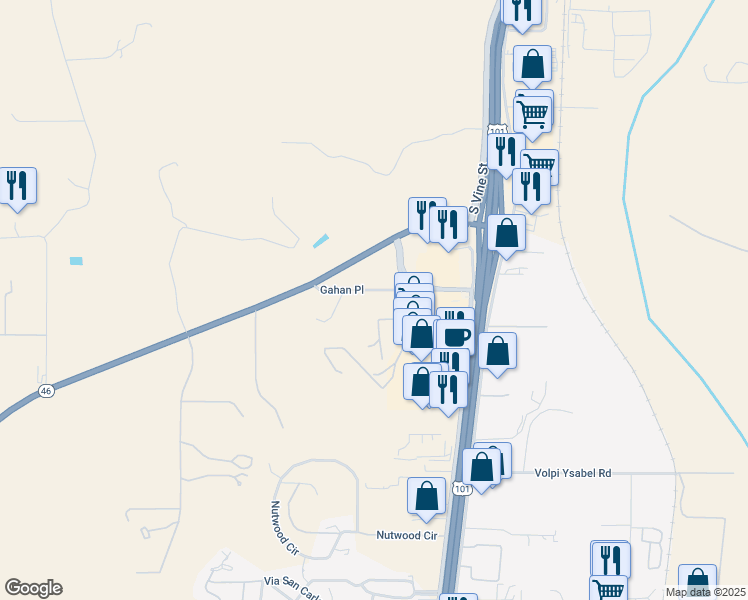 map of restaurants, bars, coffee shops, grocery stores, and more near 425 Gahan Place in Paso Robles