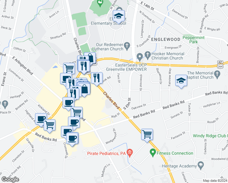 map of restaurants, bars, coffee shops, grocery stores, and more near 2113 Southview Drive in Greenville