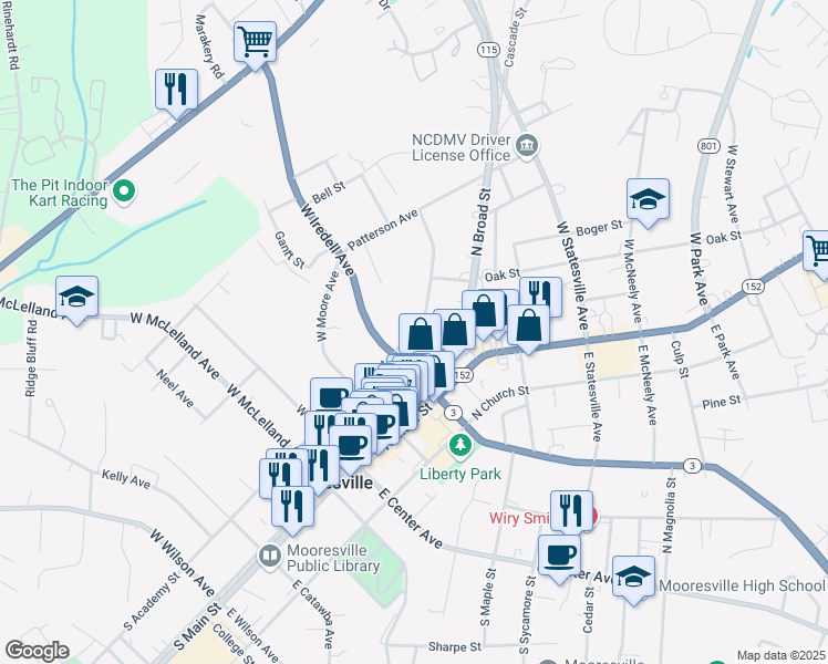 map of restaurants, bars, coffee shops, grocery stores, and more near 333-347 North Academy Street in Mooresville