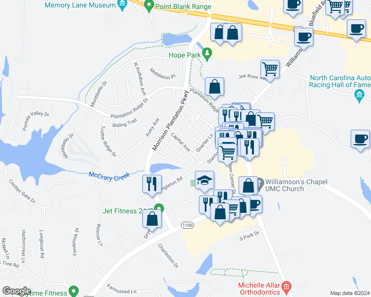 map of restaurants, bars, coffee shops, grocery stores, and more near 140 Capital Avenue in Mooresville