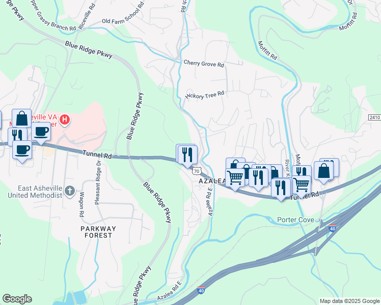 map of restaurants, bars, coffee shops, grocery stores, and more near 803 Parkway Vista Drive in Asheville