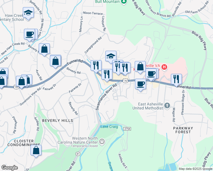 map of restaurants, bars, coffee shops, grocery stores, and more near 1007 Tunnel Road in Asheville