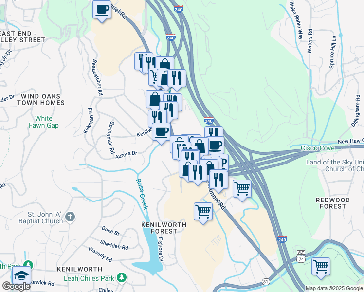 map of restaurants, bars, coffee shops, grocery stores, and more near 190 Tunnel Road in Asheville