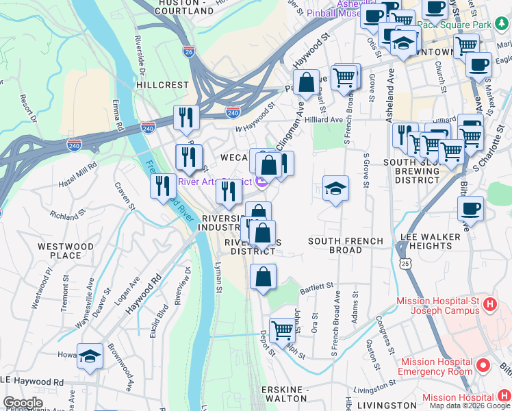 map of restaurants, bars, coffee shops, grocery stores, and more near 200 Clingman Avenue in Asheville