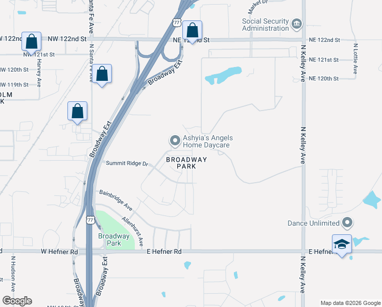 map of restaurants, bars, coffee shops, grocery stores, and more near 419 Northeast 115th Street in Oklahoma City