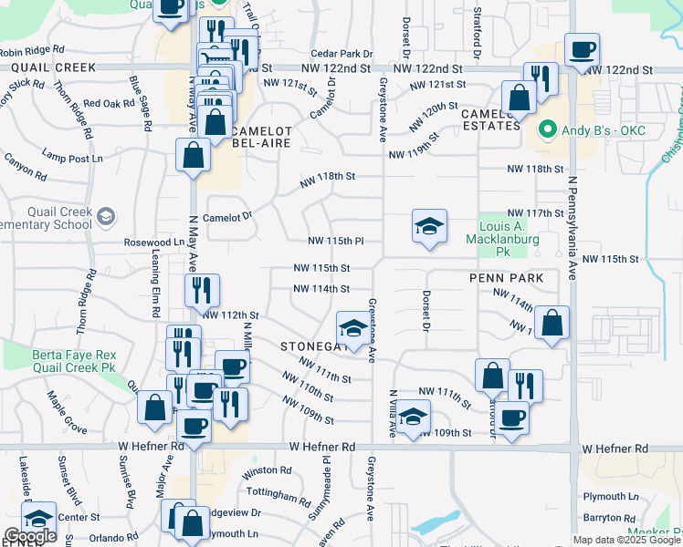 map of restaurants, bars, coffee shops, grocery stores, and more near 2520 Northwest 115th Street in Oklahoma City