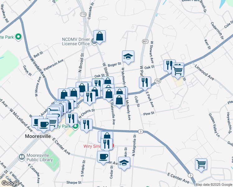 map of restaurants, bars, coffee shops, grocery stores, and more near 618 North Main Street in Mooresville