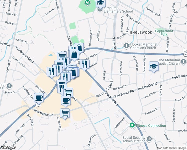 map of restaurants, bars, coffee shops, grocery stores, and more near 2110 Southview Drive in Greenville