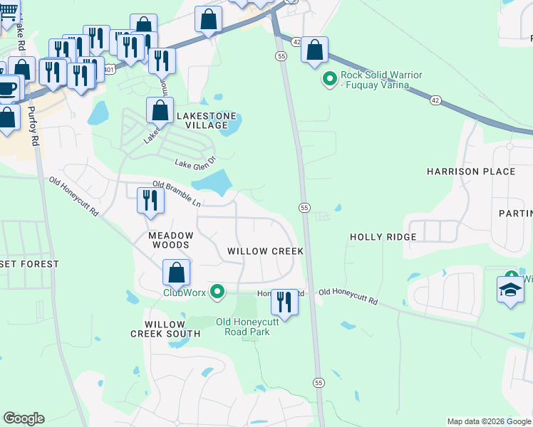 map of restaurants, bars, coffee shops, grocery stores, and more near 252 North Honey Springs Avenue in Fuquay-Varina