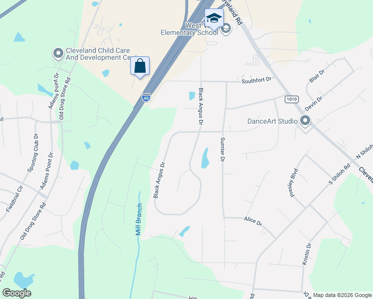 map of restaurants, bars, coffee shops, grocery stores, and more near 250 Black Angus Drive in Garner