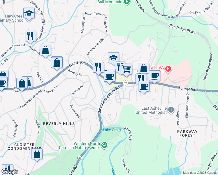 map of restaurants, bars, coffee shops, grocery stores, and more near 21 Nova Lane in Asheville