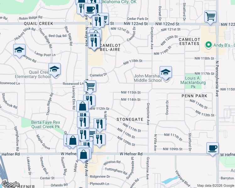 map of restaurants, bars, coffee shops, grocery stores, and more near 2705 Northwest 115th Street in Oklahoma City