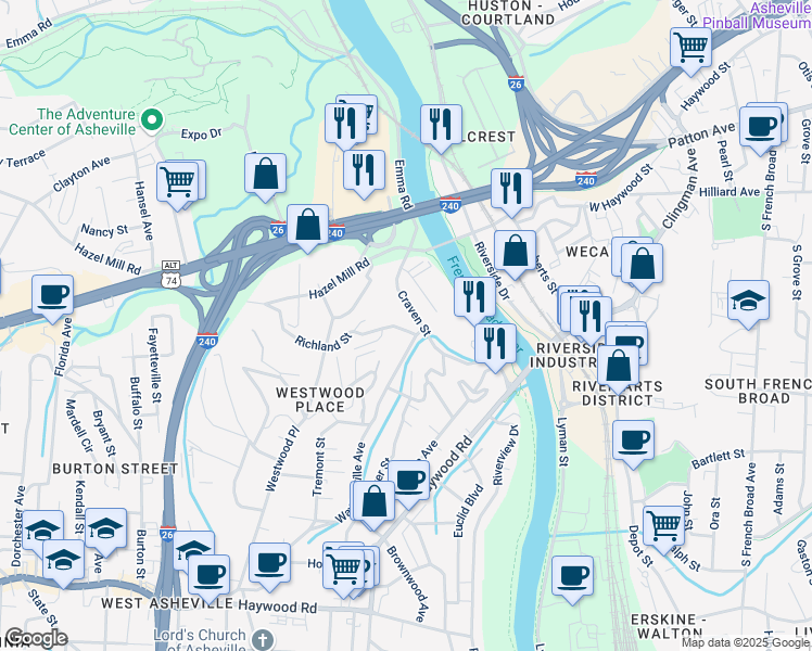 map of restaurants, bars, coffee shops, grocery stores, and more near 11 Richland Street in Asheville