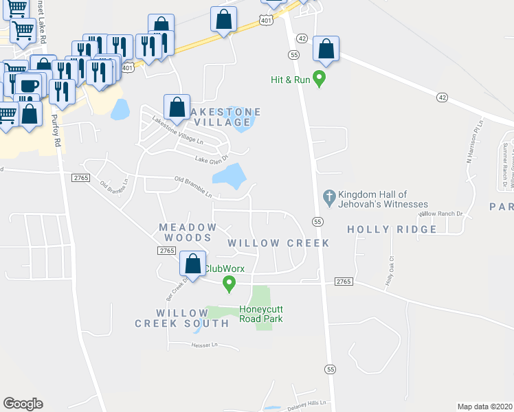 map of restaurants, bars, coffee shops, grocery stores, and more near 288 North Honey Springs Avenue in Fuquay Varina