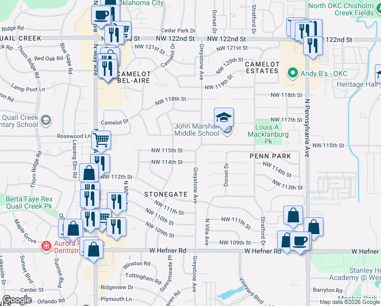 map of restaurants, bars, coffee shops, grocery stores, and more near 11513 Greystone Avenue in Oklahoma City